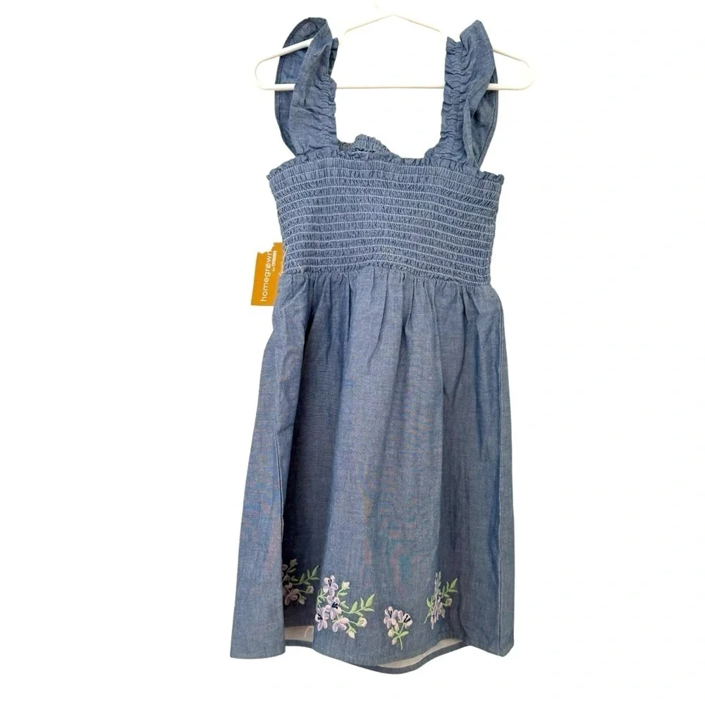 Gymboree Blue Embroidered Floral Smocked Chambray Flutter Dress 5T NWT